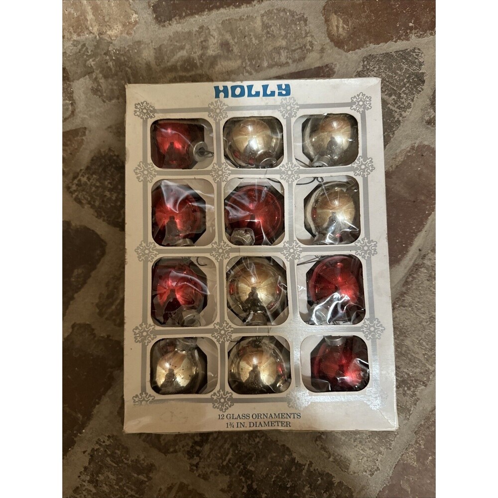 Vintage Ornaments‎  Holly Glass Balls Red Set Of 12 USA Mixed Colors Red Silver